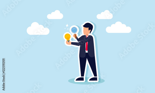 A businessman examining a lightbulb with a magnifying glass, illustration of research in discovering business ideas and innovations