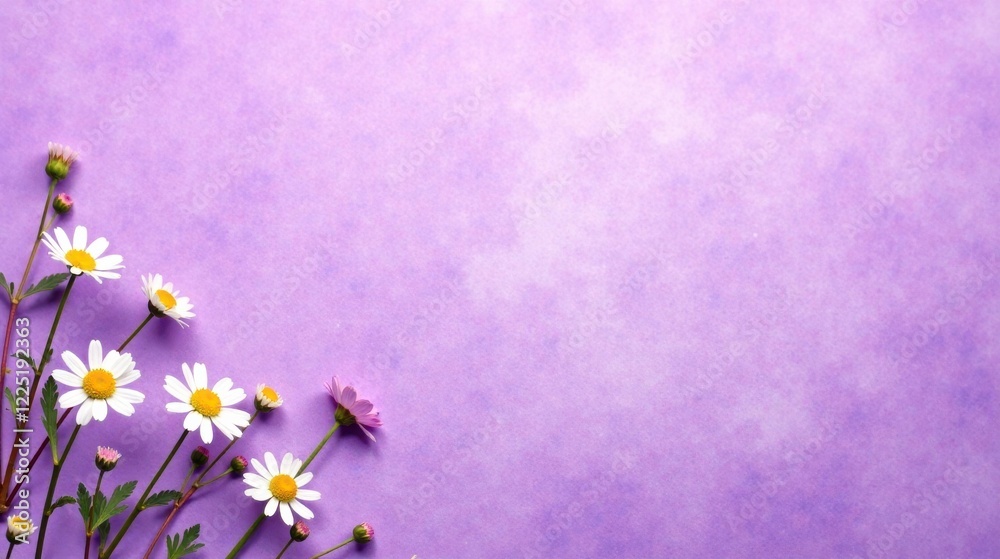 Naklejka premium Lilac Background with Delicate White and Purple Flowers Arranged in a Corner