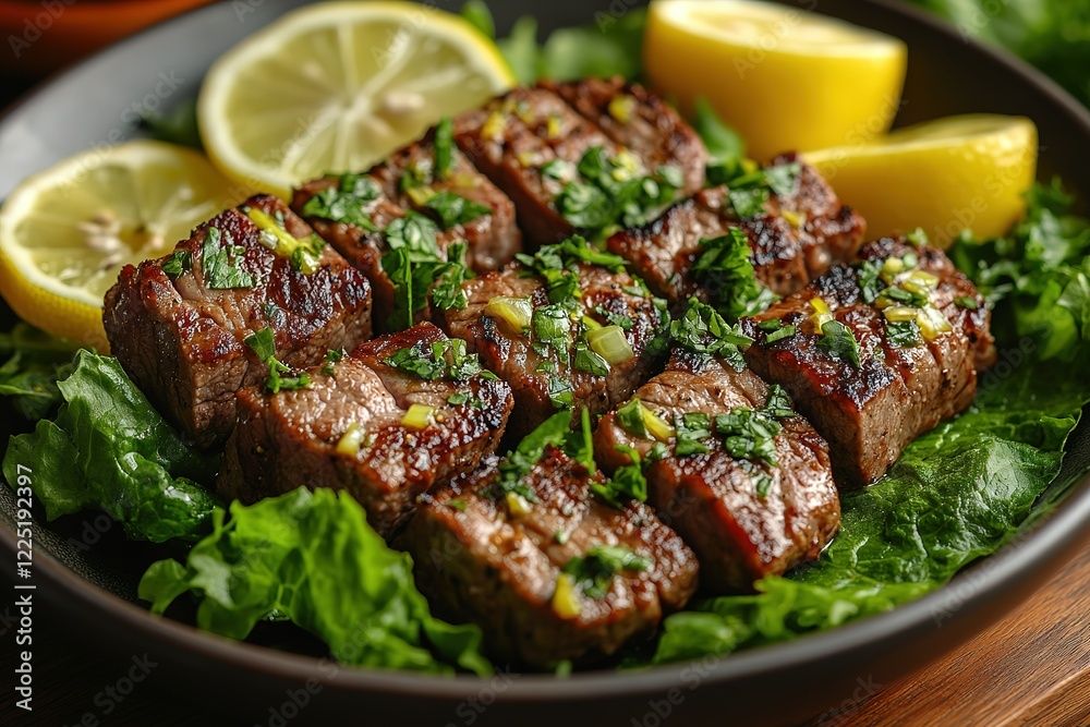 Grilled beef cubes seasoned with herbs and lemon served on a bed of lettuce