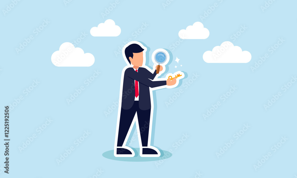 A businessman examining a key with a magnifying glass, illustration of research in analyzing solutions to business problems A businessman examining a key with a magnifying glass, illustration of research in analyzing solutions to business problems