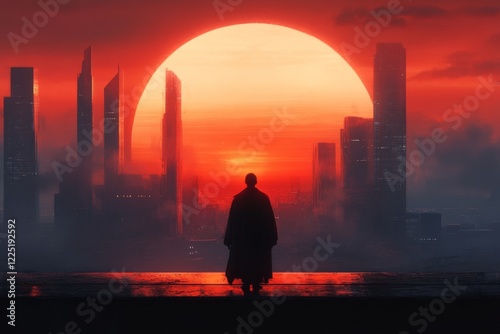 A cyberpunk-inspired depiction of a person standing on a neon-lit balcony, looking at a sunrise breaking through a futuristic city glowing skyline, their face radiating optimism for a new day