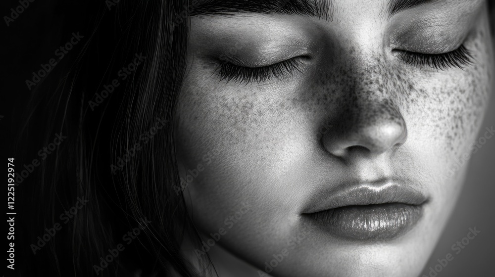 Fototapeta premium Close-up portrait of a serene young woman with closed eyes and freckles, highlighting natural beauty and gentle expressions in monochrome.