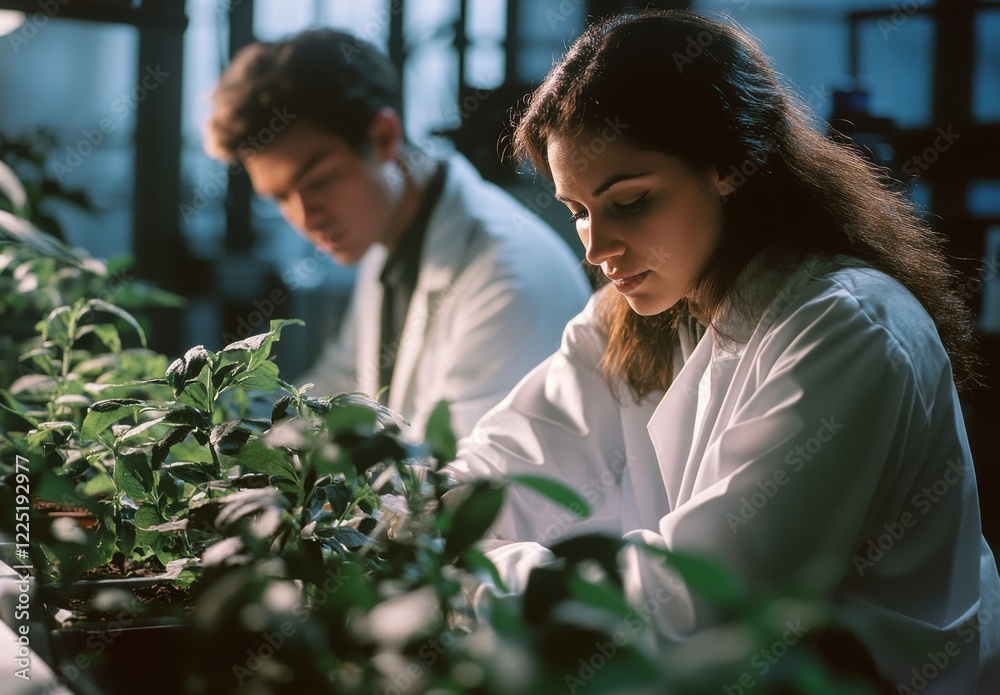 Two people are working in a greenhouse, tending to plants Two people are working in a greenhouse, tending to plants