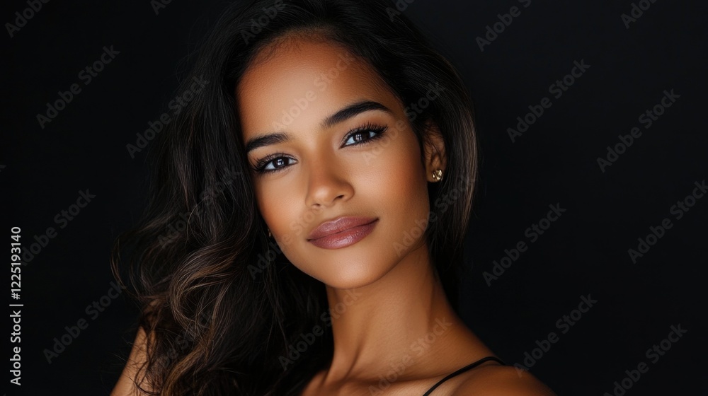Elegant Brazilian model portrait against a dark background showcasing radiant beauty and confident expression. Elegant Brazilian model portrait against a dark background showcasing radiant beauty and confident expression.