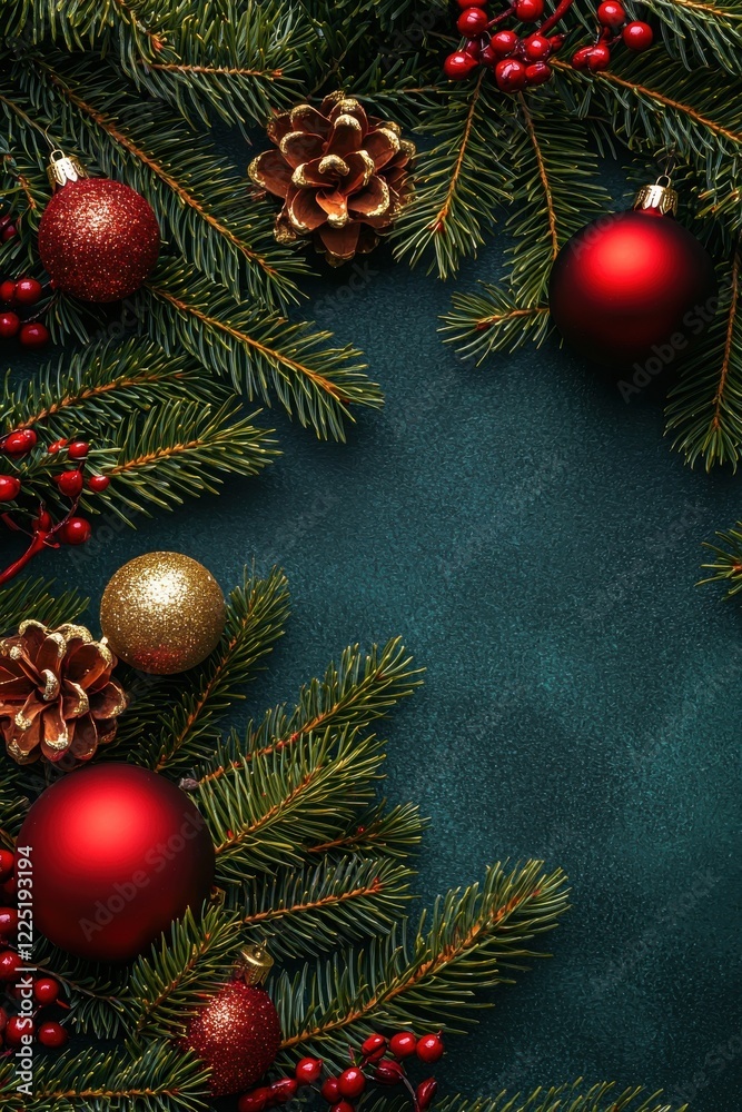Festive Christmas background with green pine branches and red ornaments Festive Christmas background with green pine branches and red ornaments