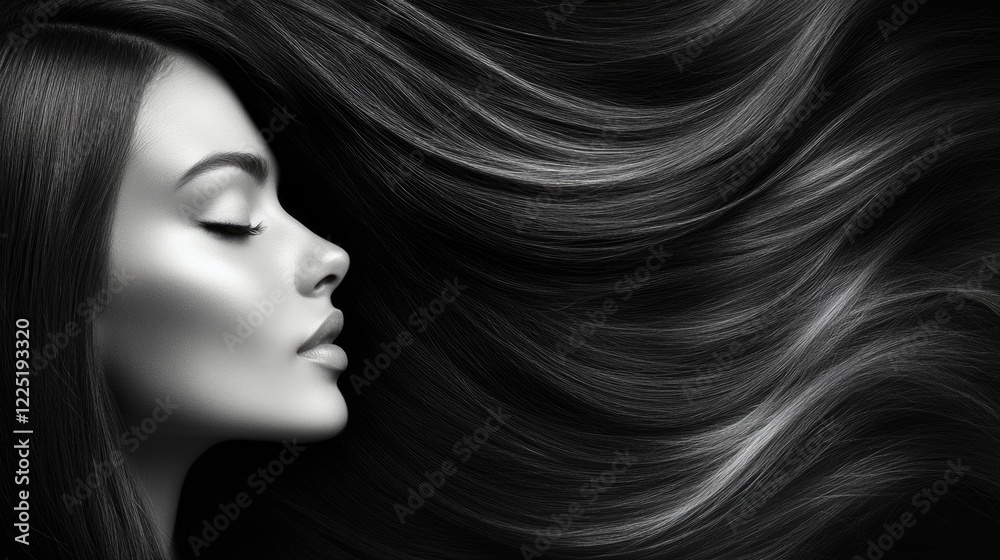 Elegant black and white closeup portrait of a woman with long flowing hair emphasizing beauty and serenity. Elegant black and white closeup portrait of a woman with long flowing hair emphasizing beauty and serenity.