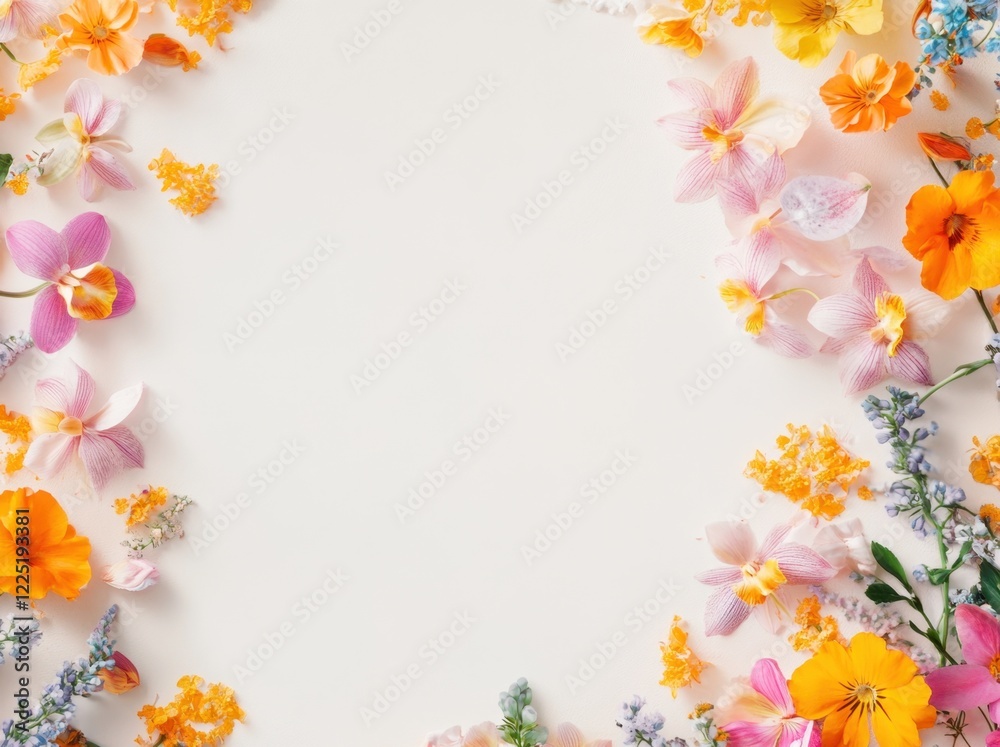 Fototapeta premium colorful flower border with Orchid on a white background, with space for text or design