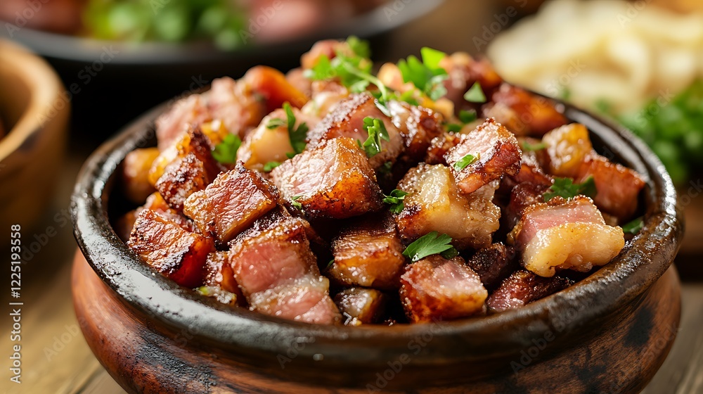 Delicious fried and roasted pork skin typical brazilian food bacon served in a porcelain bask Delicious fried and roasted pork skin typical brazilian food bacon served in a porcelain bask