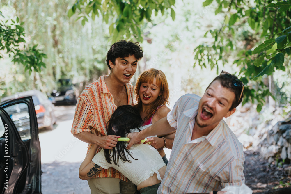 Four friends share a joyful and playful moment in a lush outdoor setting, expressing happiness and friendship. Four friends share a joyful and playful moment in a lush outdoor setting, expressing happiness and friendship.