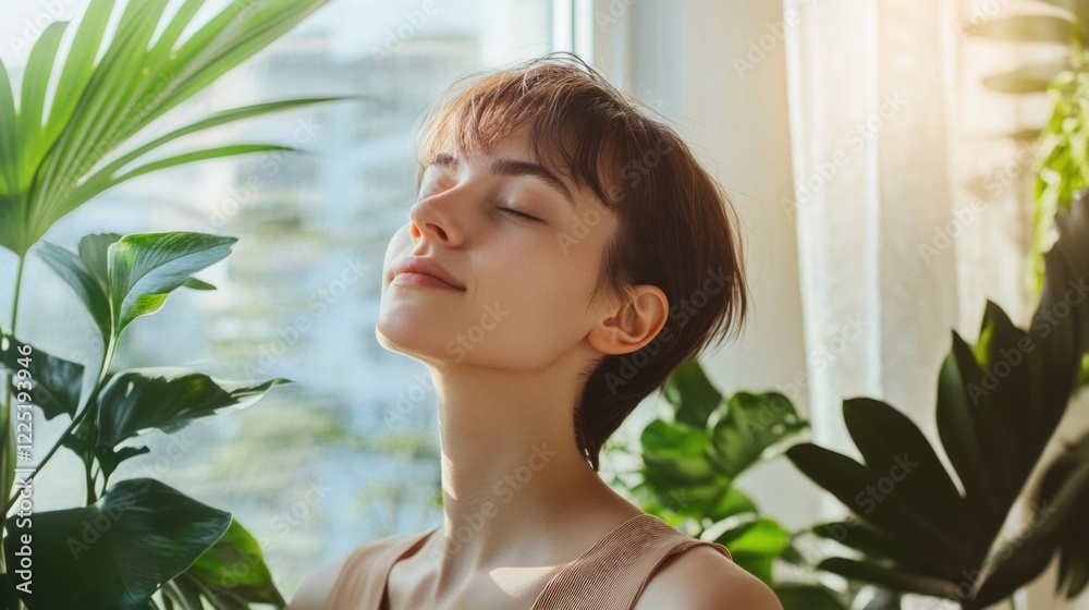 Tranquil woman with short hair enjoying sunlight by a panoramic window surrounded by plants in a bright indoor setting Tranquil woman with short hair enjoying sunlight by a panoramic window surrounded by plants in a bright indoor setting
