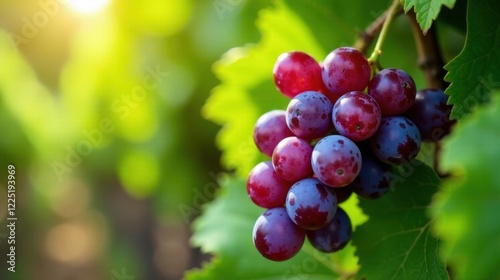 Sunlit cluster of ripe red and purple grapes hanging on a vine in a lush vineyard