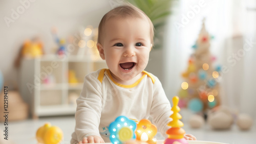 joyful baby giggling while playing with colorful light up sensory toys in bright room. background features soft lighting and cozy, playful ambiance, enhancing cheerful atmosphere