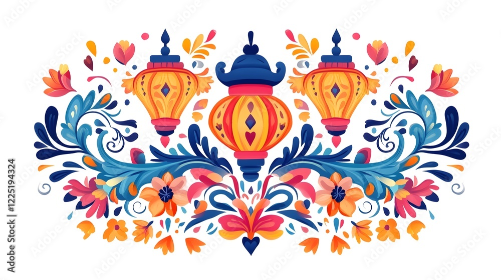 Fototapeta premium Vibrant Floral Folk Art Pattern with Ornate Decorative Elements