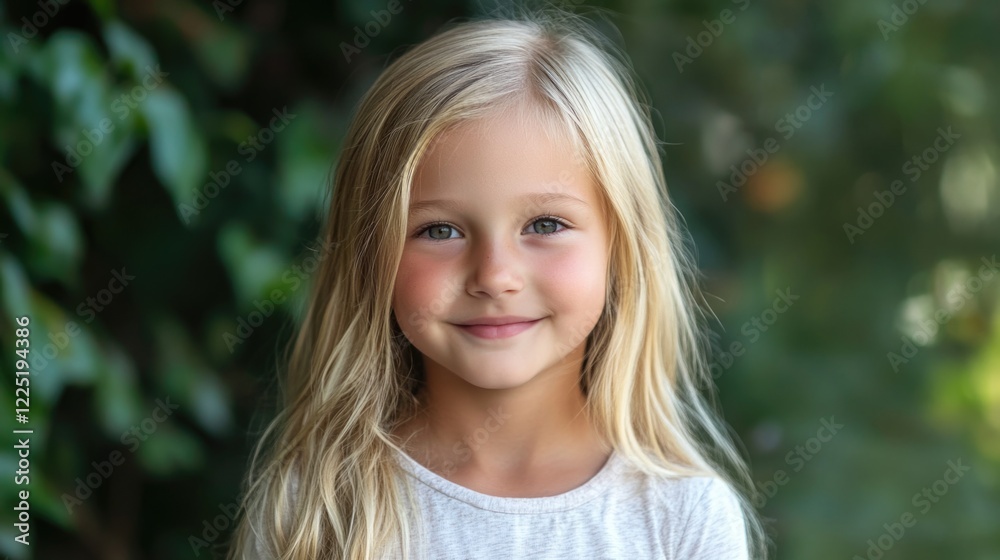 Cute little girl with long blonde hair smiling joyfully in a natural outdoor setting surrounded by greenery Cute little girl with long blonde hair smiling joyfully in a natural outdoor setting surrounded by greenery