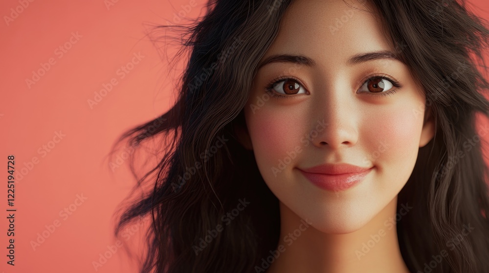 Obraz premium Confident young Asian woman with tan skin smiling warmly, showcasing product features against a vibrant backdrop. Perfect for marketing visuals.
