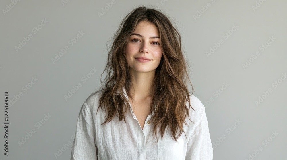 Cheerful young woman with long hair in casual white shirt smiling at camera against a gray background showcasing positive lifestyle and confidence Cheerful young woman with long hair in casual white shirt smiling at camera against a gray background showcasing positive lifestyle and confidence