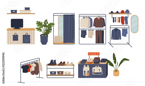 Male fashion boutique interior design with clothes hangers and shoes on shelves vector illustration