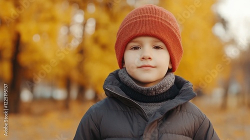 Child boy in autumn city park surrounded by bright yellow trees wearing a red beanie and warm winter jacket on a crisp day photo