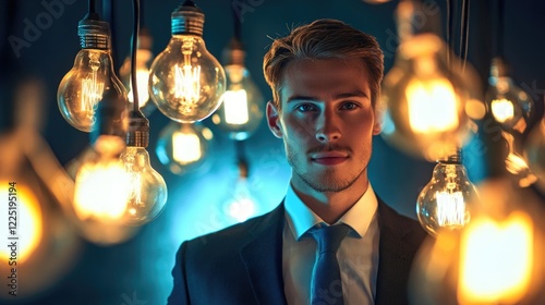 Young businessman confidently posing under illuminated vintage light bulbs in a stylish and artistic setting showcasing modern professionalism. photo