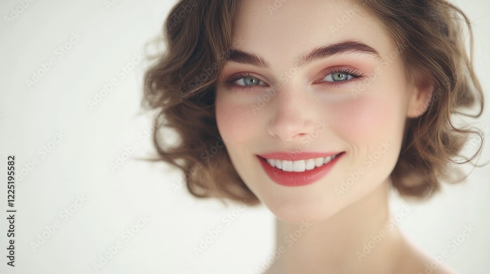 Smiling woman with radiant skin and vibrant hair showcasing natural beauty in a soft white backdrop for beauty and wellness themes. Smiling woman with radiant skin and vibrant hair showcasing natural beauty in a soft white backdrop for beauty and wellness themes.
