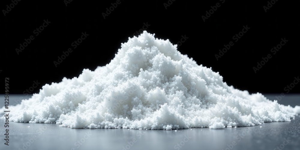 Close-up view of a crystalline powder pile, isolated on a dark surface, exhibiting a textured, granular appearance and subtle light reflections. Close-up view of a crystalline powder pile, isolated on a dark surface, exhibiting a textured, granular appearance and subtle light reflections.