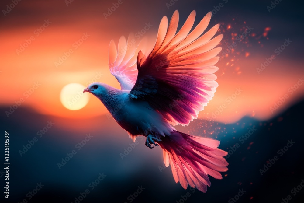 Fototapeta premium A fantastical scene of a glowing phoenix soaring above a mystical valley, its vibrant colors radiating optimism and renewal as the sun rises in the background