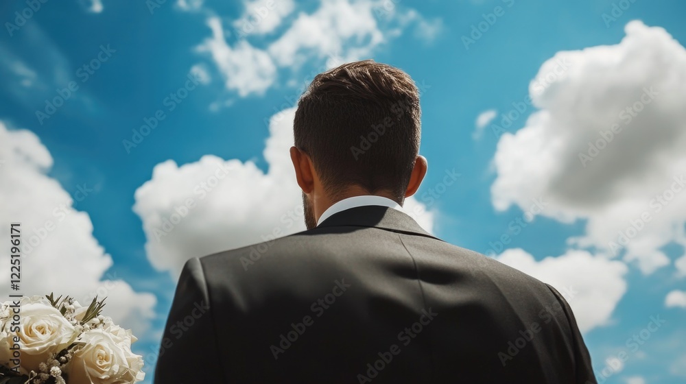 Emotional groom in formal attire holding bouquet against vibrant blue sky with clouds on wedding day capturing moments of love and celebration Emotional groom in formal attire holding bouquet against vibrant blue sky with clouds on wedding day capturing moments of love and celebration
