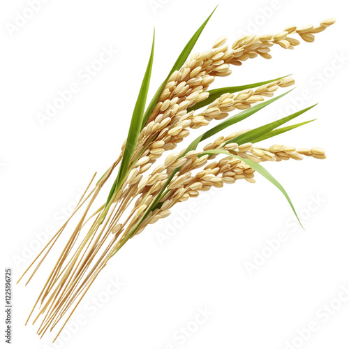 Bunch of rice is shown with green leaves