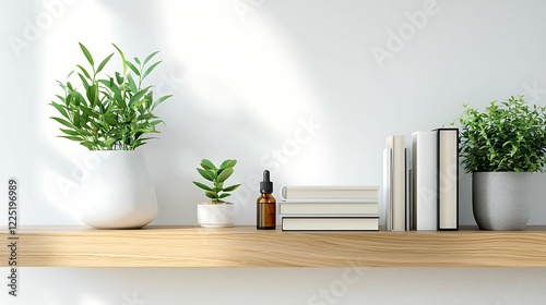 essential oil collection, aromatherapy. A minimalist shelf displays greenery, books, and an essential oil bottle, creating a calm and inviting atmosphere.