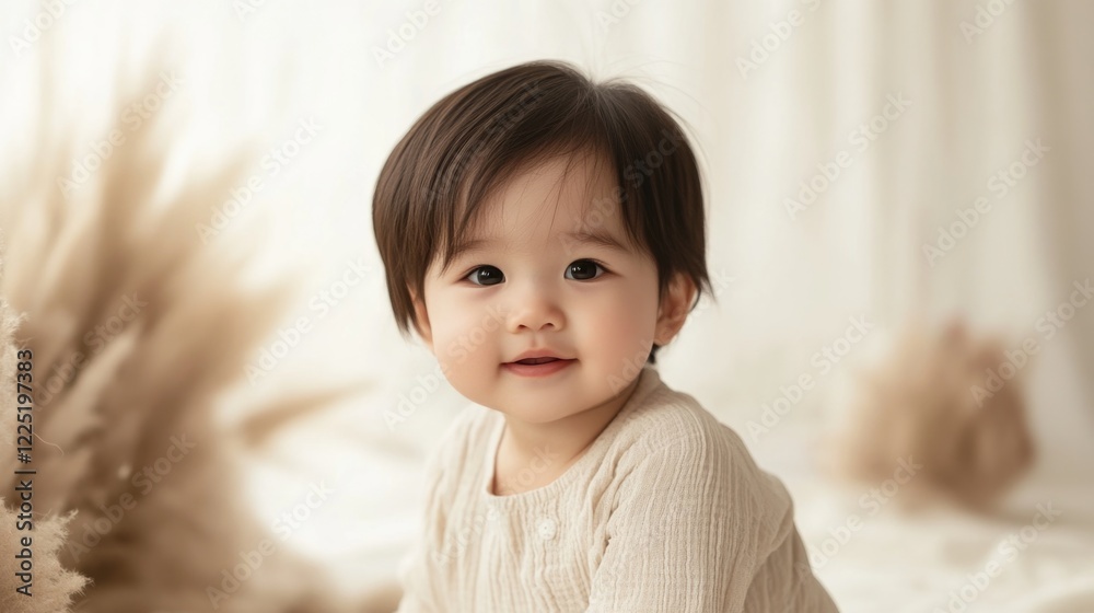 Portrait of a smiling Asian child with short hair in a cozy setting against a soft neutral background capturing innocence and joy. Portrait of a smiling Asian child with short hair in a cozy setting against a soft neutral background capturing innocence and joy.