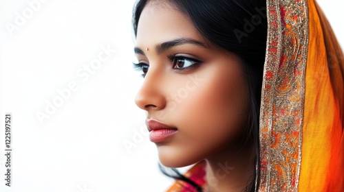 Elegant Indian woman in traditional attire presenting a serene profile against a neutral background. photo