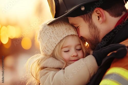 A firefighter being hugged by a child whose life they saved, the admiration evident in the child teary smile