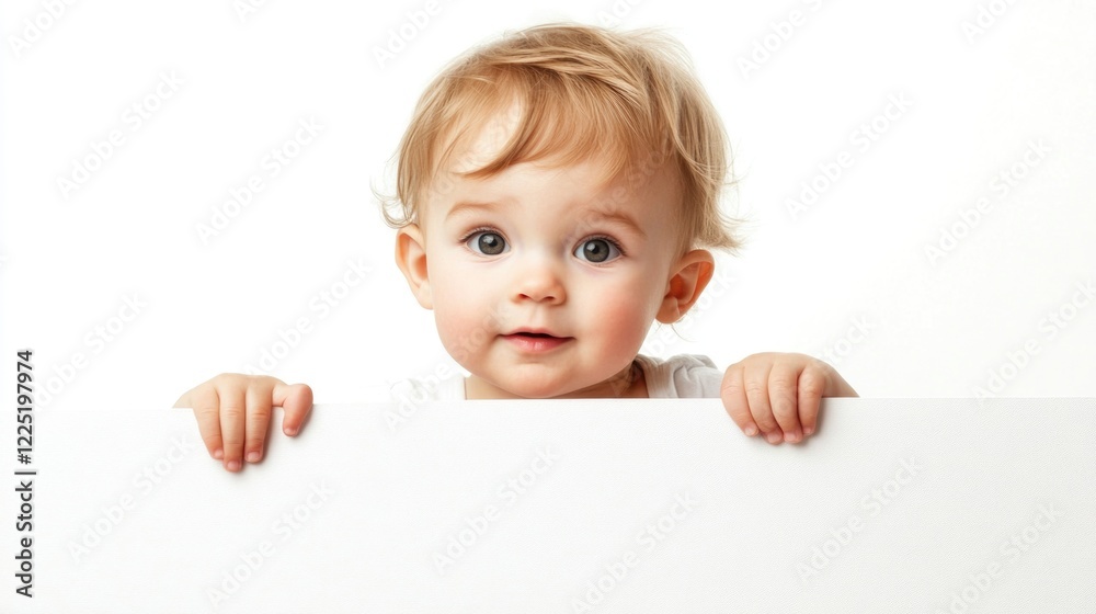 Cute toddler peeking over a blank white banner with an innocent expression and curious eyes in a bright isolated setting Cute toddler peeking over a blank white banner with an innocent expression and curious eyes in a bright isolated setting