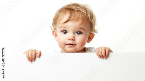 Obraz na płótnie Cute toddler peeking over a blank white banner with an innocent expression and curious eyes in a bright isolated setting w salonie