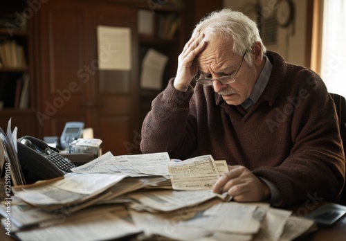 A man is sitting at a desk with a pile of papers in front of him