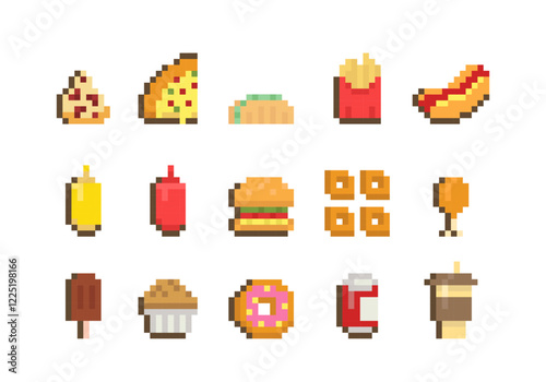 Cute fast food icon in pixel art style, tasty snack 8 bit design, bistro street meal mosaic element