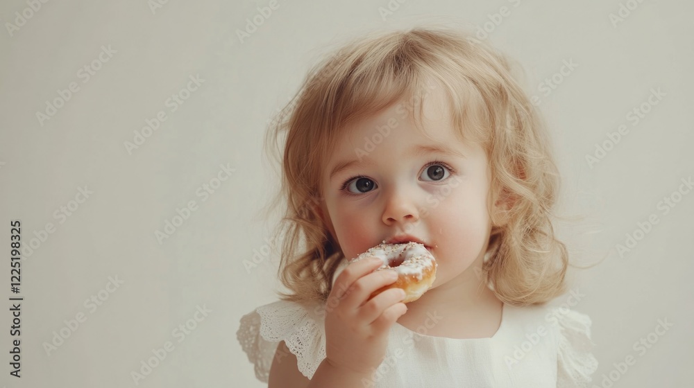 Little girl with blonde curly hair enjoying a donut against a neutral background celebrating childhood joy and innocence in a studio setting Little girl with blonde curly hair enjoying a donut against a neutral background celebrating childhood joy and innocence in a studio setting