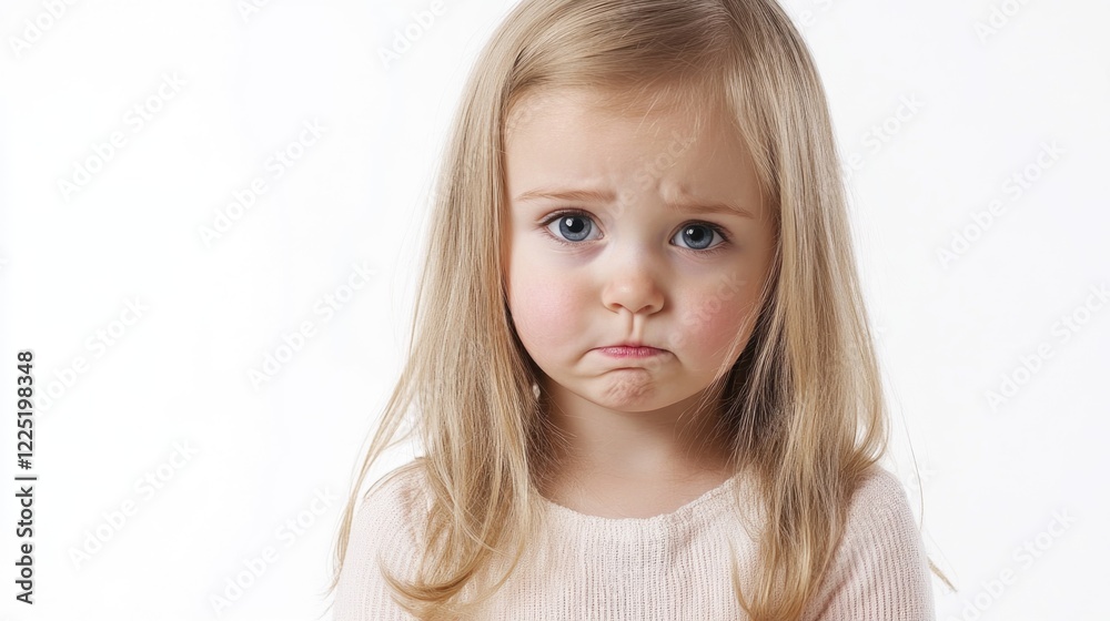 sad little girl with long blonde hair and a worried expression against a clean white background sad little girl with long blonde hair and a worried expression against a clean white background