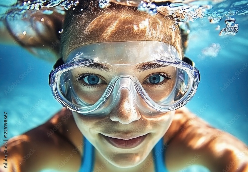 A woman is smiling while wearing goggles and swimming in a pool A woman is smiling while wearing goggles and swimming in a pool