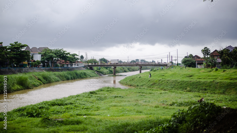 Beautiful and lush scenery of trees on the river bank and bridge Beautiful and lush scenery of trees on the river bank and bridge