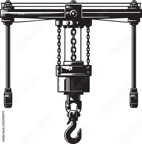 Manual chain hoist or steel chain block hoist vector icon. Lifting equipment include pulley, hook, lever, trolley, mechanical for factory, construction site, garage, workshop, warehouse and dock