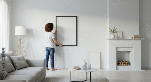 Person Hanging Blank Picture Frame on White Wall in Minimalist Living Room