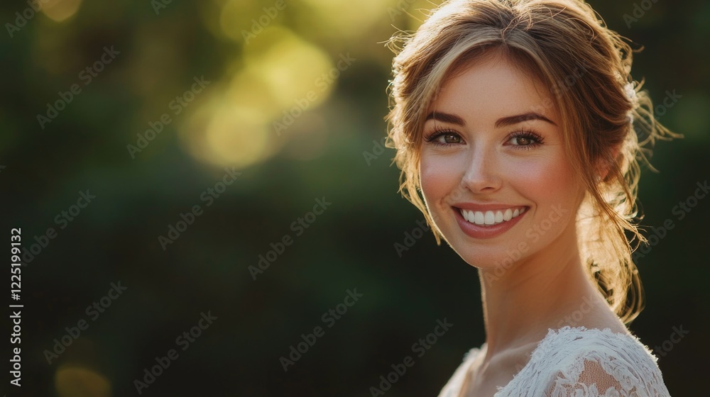 Radiant bride smiling warmly in soft natural light showcasing beauty and elegance on her special day Radiant bride smiling warmly in soft natural light showcasing beauty and elegance on her special day