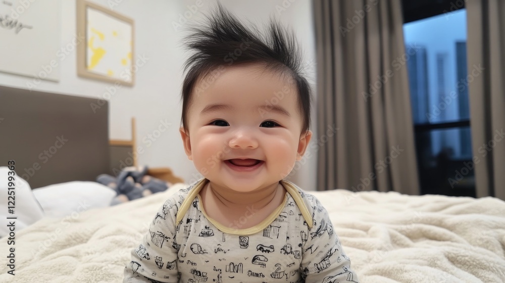 Cute Eurasian baby in playful mood smiling warmly, showcasing unique features in cozy indoor setting, perfect for family and lifestyle themes. Cute Eurasian baby in playful mood smiling warmly, showcasing unique features in cozy indoor setting, perfect for family and lifestyle themes.