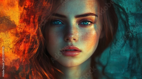 Stunning portrait of a young woman with captivating blue eyes and dramatic lighting effects on her face and hair. photo