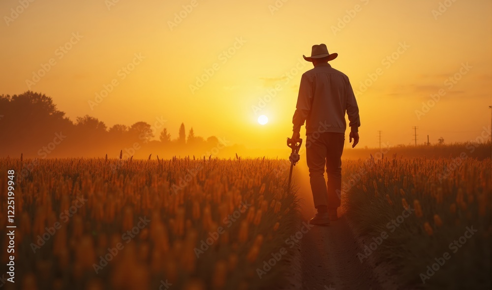 Fototapeta premium Farmer Working at Sunrise