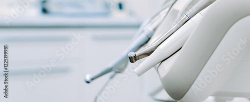 Modern dental equipment in dentist clinic. Dentists tools for treatment and surgery of teeth. Special medical instruments.