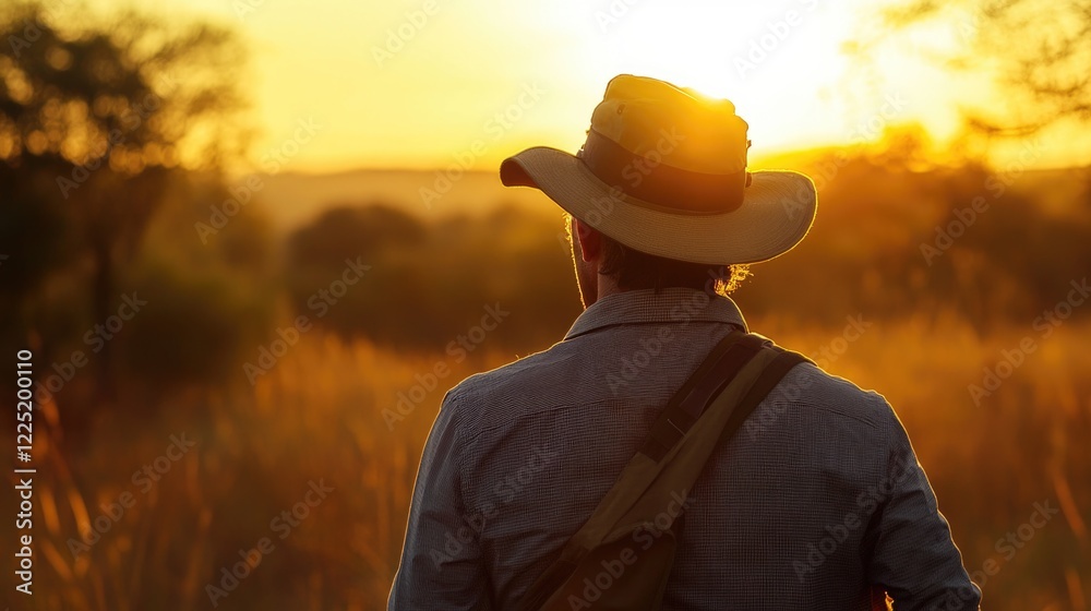 Adventurous man in safari hat enjoying sunset in the wilderness, embodying the spirit of exploration and nature enthusiasm. Adventurous man in safari hat enjoying sunset in the wilderness, embodying the spirit of exploration and nature enthusiasm.