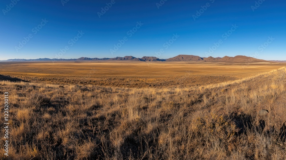 Panoramic view of vast, arid desert landscape under a clear blue sky. Panoramic view of vast, arid desert landscape under a clear blue sky.
