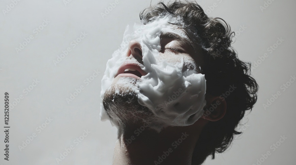 Fototapeta premium Man applying shaving foam to his face with eyes closed in a soft light setting showcasing grooming and personal care routine.